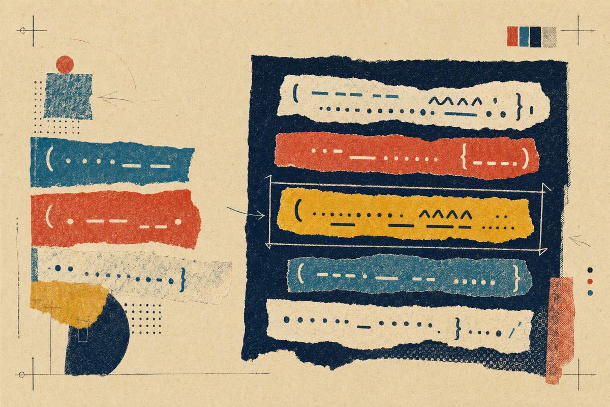 Torn strips of punctuation converge into one yellow reading strip inside a dark frame.